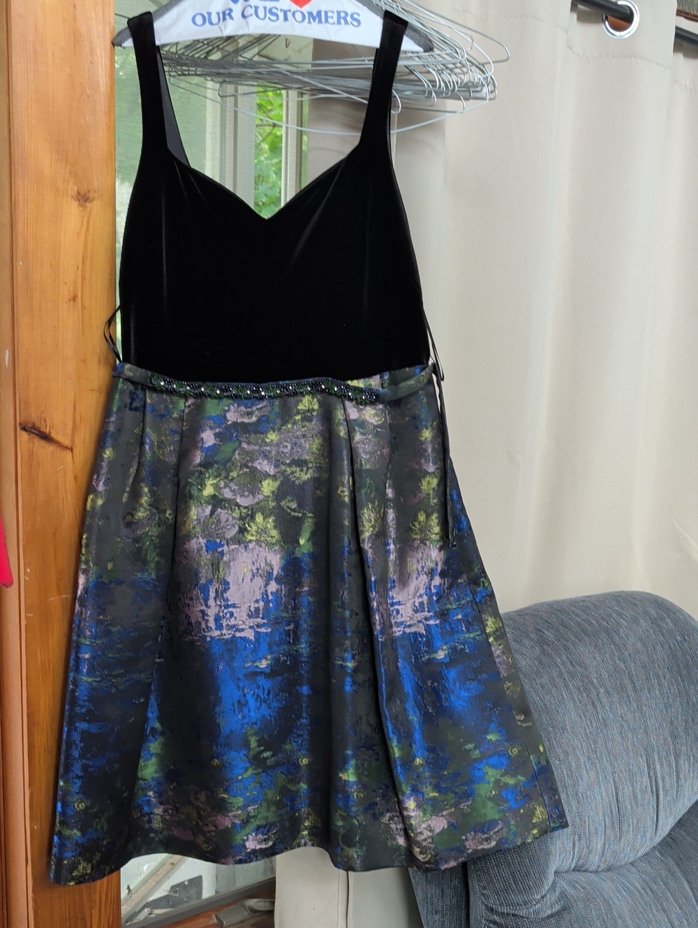 Teri Jon Black Velvet Bodice with Multicolor Metallic Mini Skirt